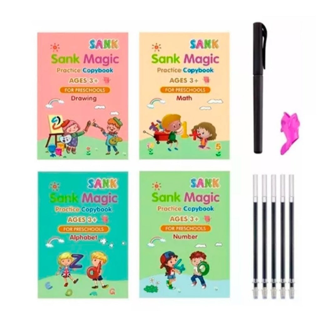 Set Cuaderno Caligrafía Mágica Montessori - Practica y Aprende sin Miedo a Equivocarse - Incluye GRATIS 1 lapiz + 10 recargas de tintas + herramienta para sujetar bolígrafos