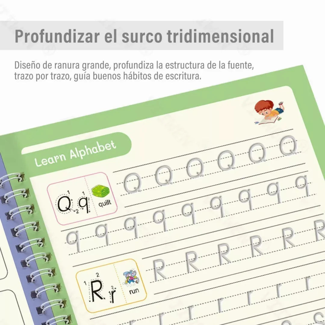 Set Cuaderno Caligrafía Mágica Montessori - Practica y Aprende sin Miedo a Equivocarse - Incluye GRATIS 1 lapiz + 10 recargas de tintas + herramienta para sujetar bolígrafos