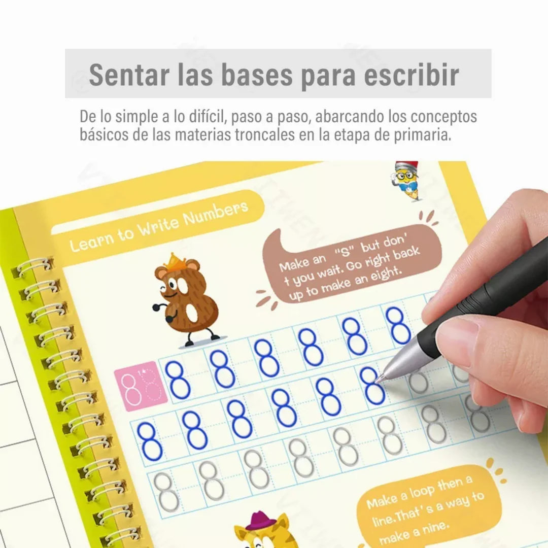 Set Cuaderno Caligrafía Mágica Montessori - Practica y Aprende sin Miedo a Equivocarse - Incluye GRATIS 1 lapiz + 10 recargas de tintas + herramienta para sujetar bolígrafos